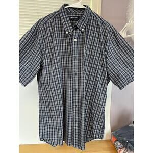 Puritan Wrinkle Resistant Shirt L Dark Navy Plaid Short Sleeve Button Up Cotton